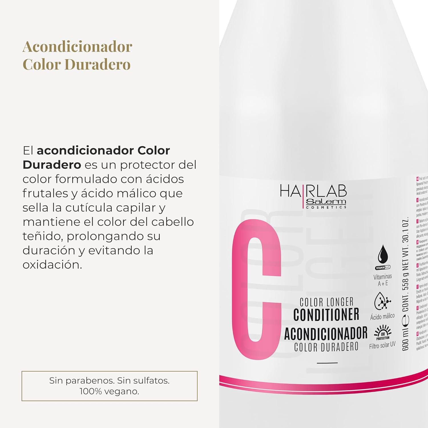 SALERM - Dyed Hair Conditioner - Color Longer Hair Lab - 600 ml - with Provitamin B5 and Vitamins A and E - Seals and Maintains Color - UV Solar Filter - Sulfate and Paraben-Free