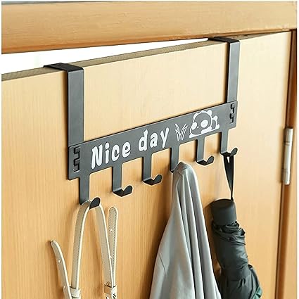 DOCAT Door Hangers for Clothes Hanging Metal Over The Door Hook Hanger with 6 Hook Drill Free Removable Hooks Suitable for Bathroom, Bedroom and Kitchen Door Organizer (Black)