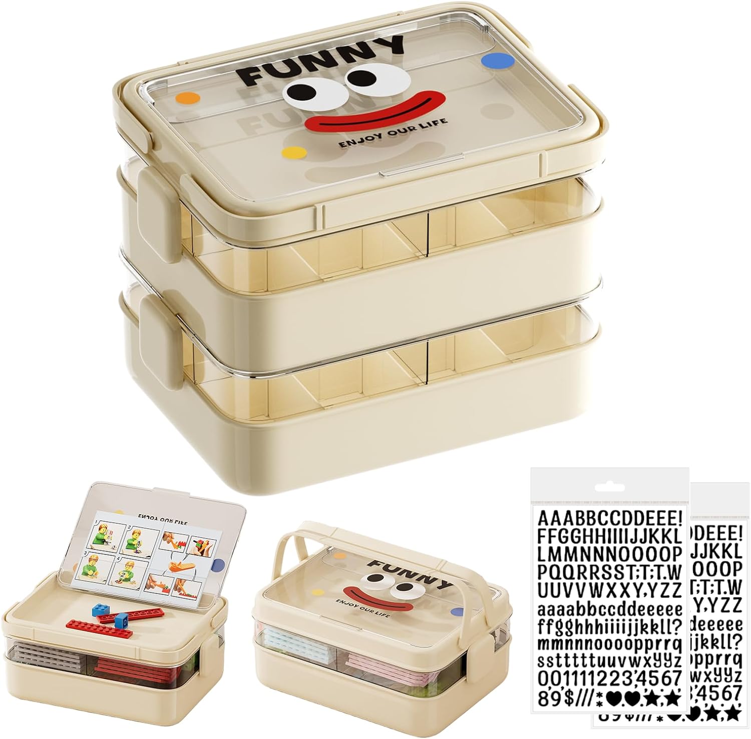 Plastic Craft Organizers and Storage Box with Instructions Holder,Art Supply Containers with Handle and Removable for lego, Books, Bead, Tool, Sewing (5 Layer, Cream White) 5 Layer Cream White