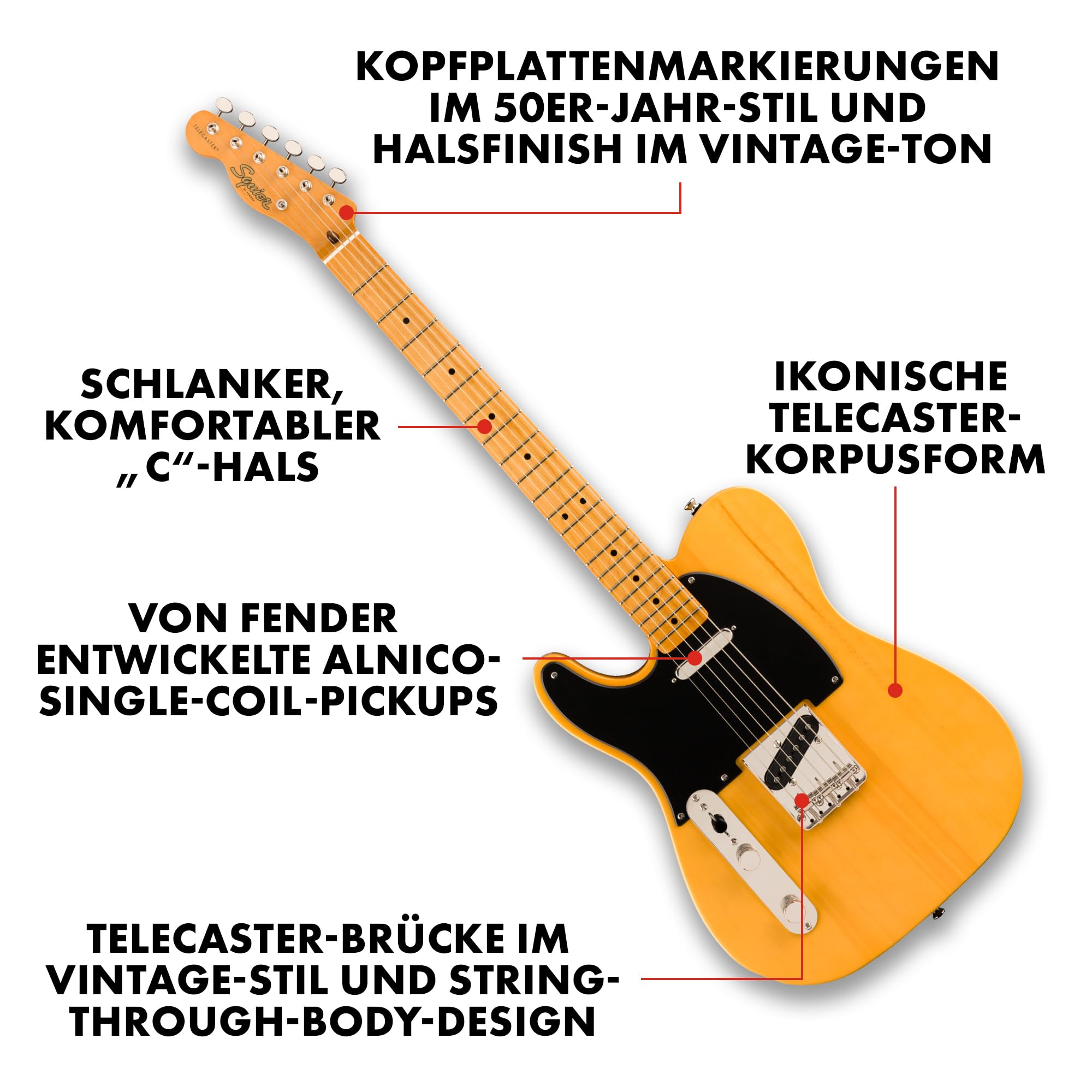 Squier by Fender Classic Vibe 50s Telecaster, E-Gitarre, Linkshänder, Butterscotch Blonde, Vintage-Design, Retro, Telecaster für Linkshänder, E-Gitarre für Musiker