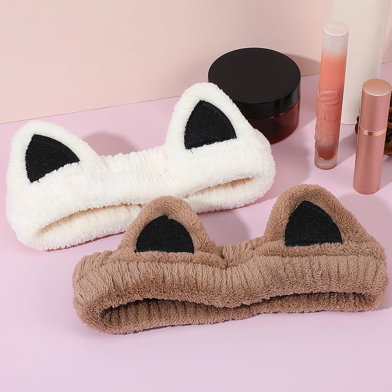 TIESOME 2 Pcs Cute Cat Spa Headbands, Soft Coral Fleece Face Wash Headbands for Washing Face Skincare Makeup Women Hair Accessories Cream White and Brown - Image 4
