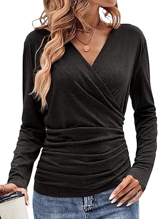 EasyGala Womens V Neck Long Sleeve Shirts Sexy Wrap Ruched Tops Cute