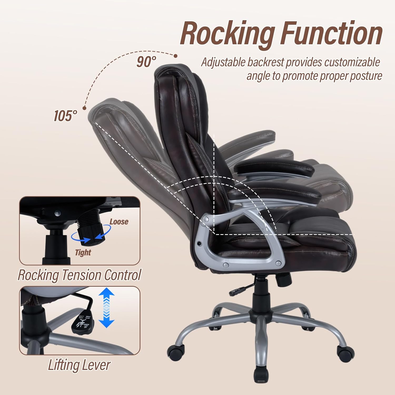 Giantex Executive Office Chair, Leather Ergonomic Computer Desk Chair w/Rocking Function, Padded Seat & Arms, Height Adjustable Gaming Chairs, High Back Rolling Swivel Chair for Home Office (Espresso)