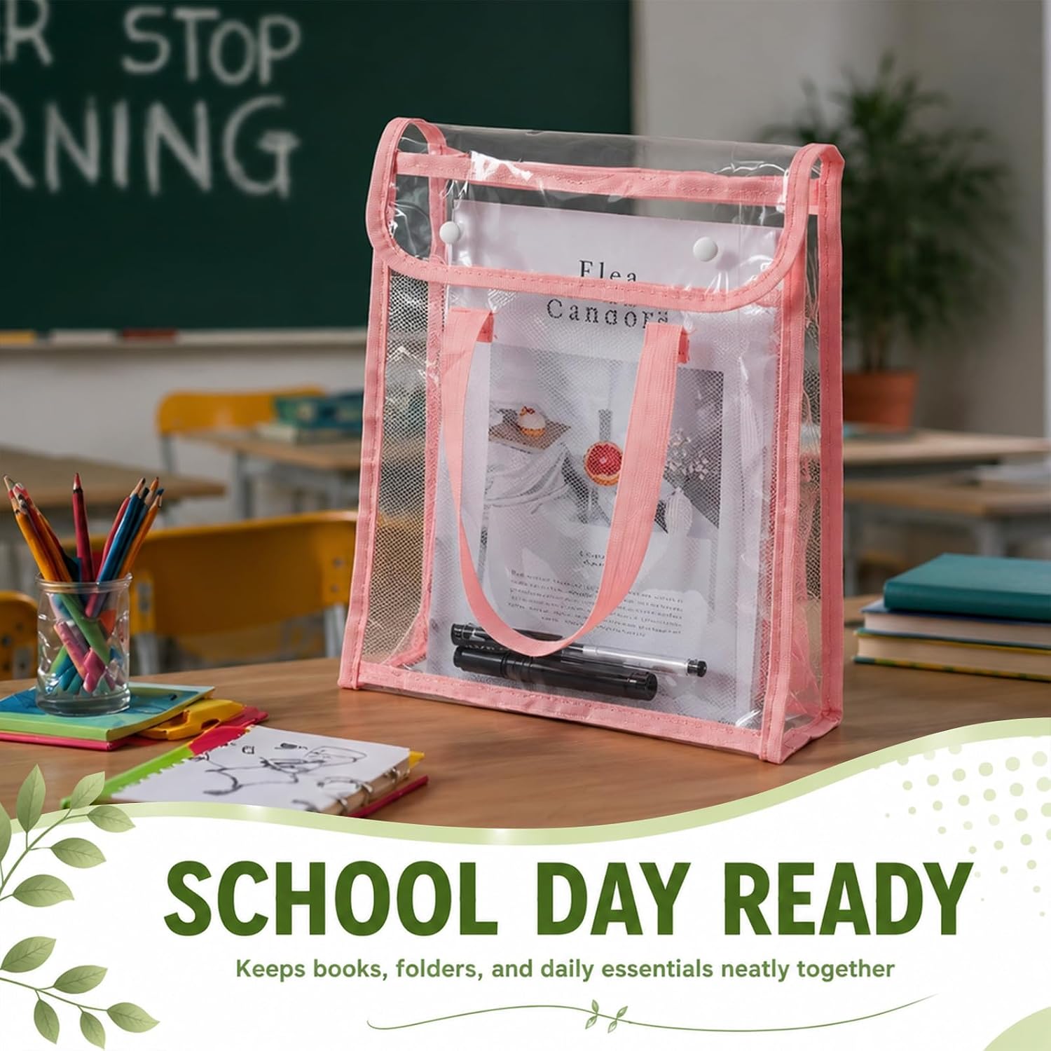 4 Pcs Library Book Bag Clear Book Pouches with Handles Reusable PVC Book Bags Plastic Waterproof Student Reading Pouches Organizing Storage Book Bags for Classroom Teacher Supplies(Colourful) image 4