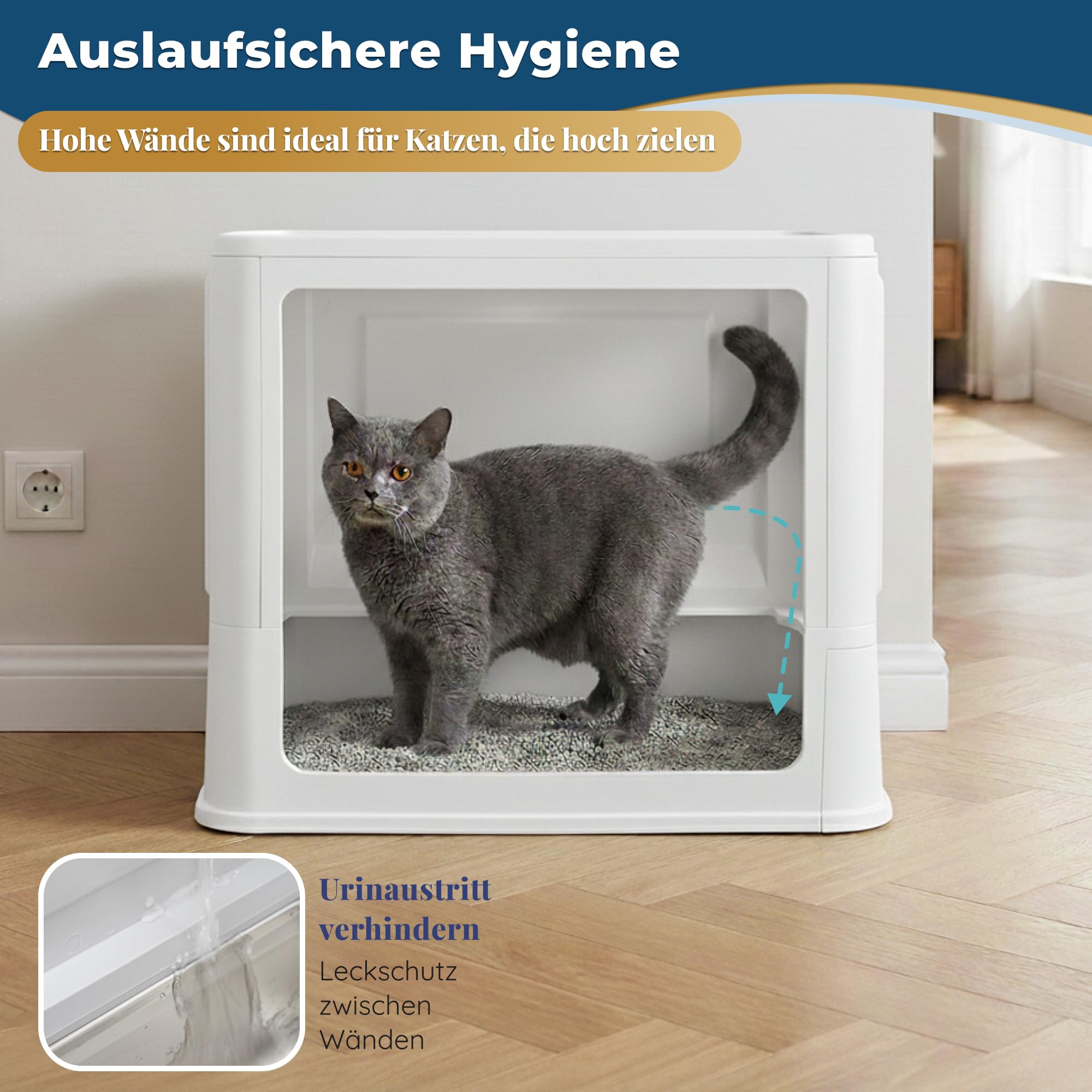 Katzenklo Edelstahl mit Deckel, Faltbare Geschlossene Katzentoilette mit Schublade, Geruchsfrei, Auslaufsicher, Leicht zu Reinigen, Doppelter EIN-/Ausgang, Mit Schaufel, (38,3×51×41 cm) – Weiß