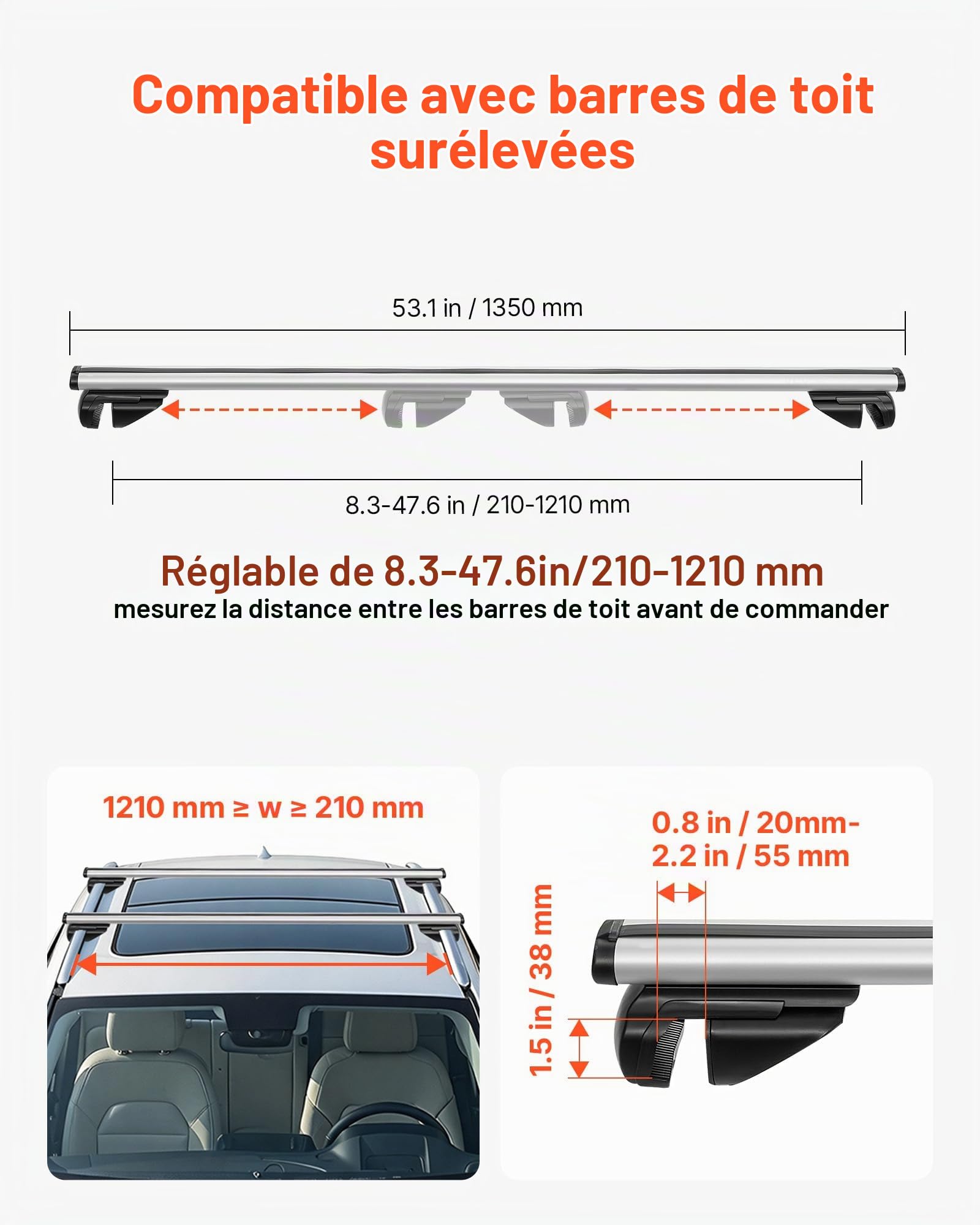 VEVOR Barres Transversales de Toit, Barre Porte Bagages Charge 75 kg 135 cm, pour Rails de Toit Surélevés avec Écartement 21-121 cm, en Aluminium, pour Panier Porte-Bagages Galerie Camping Voyage