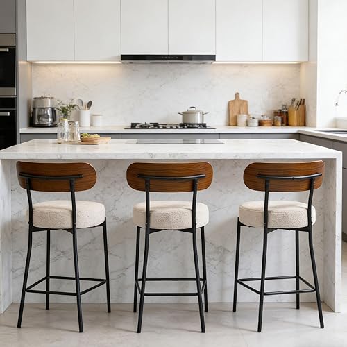 Beige Bar Stools Set of 3,Boucle Counter Height Bar Stools,24" Modern Bar Stools with Back,Upholstered Barstools for Kitchen Island, Bar, Cafe