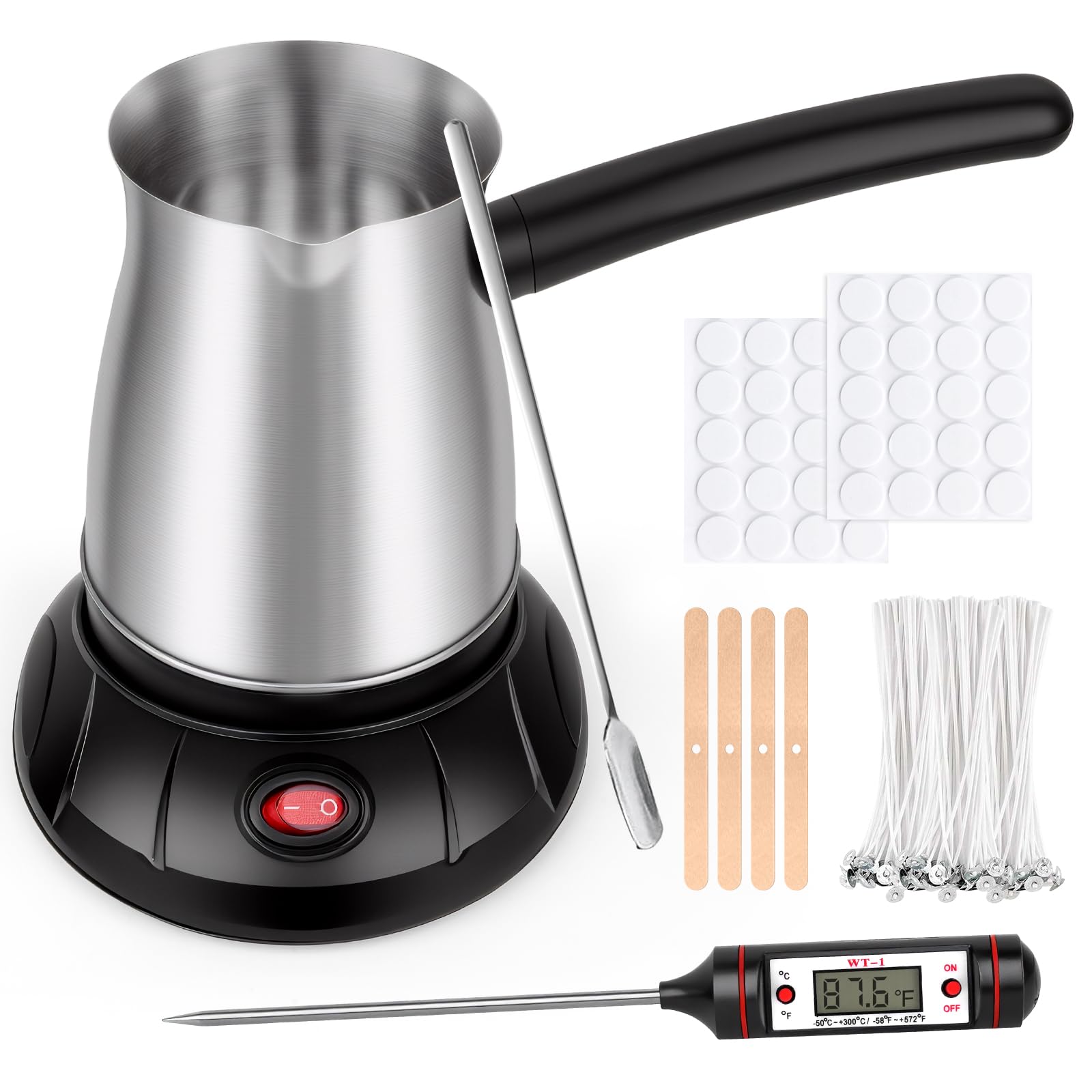 Fundidor de cera para hacer velas, olla de acero inoxidable para fundir cera de velas con pico vertedor, kit para hacer velas DIY, suministros incluidos, mechas, pegatinas para mechas, dispositivo de centrado, cuchara para revolver