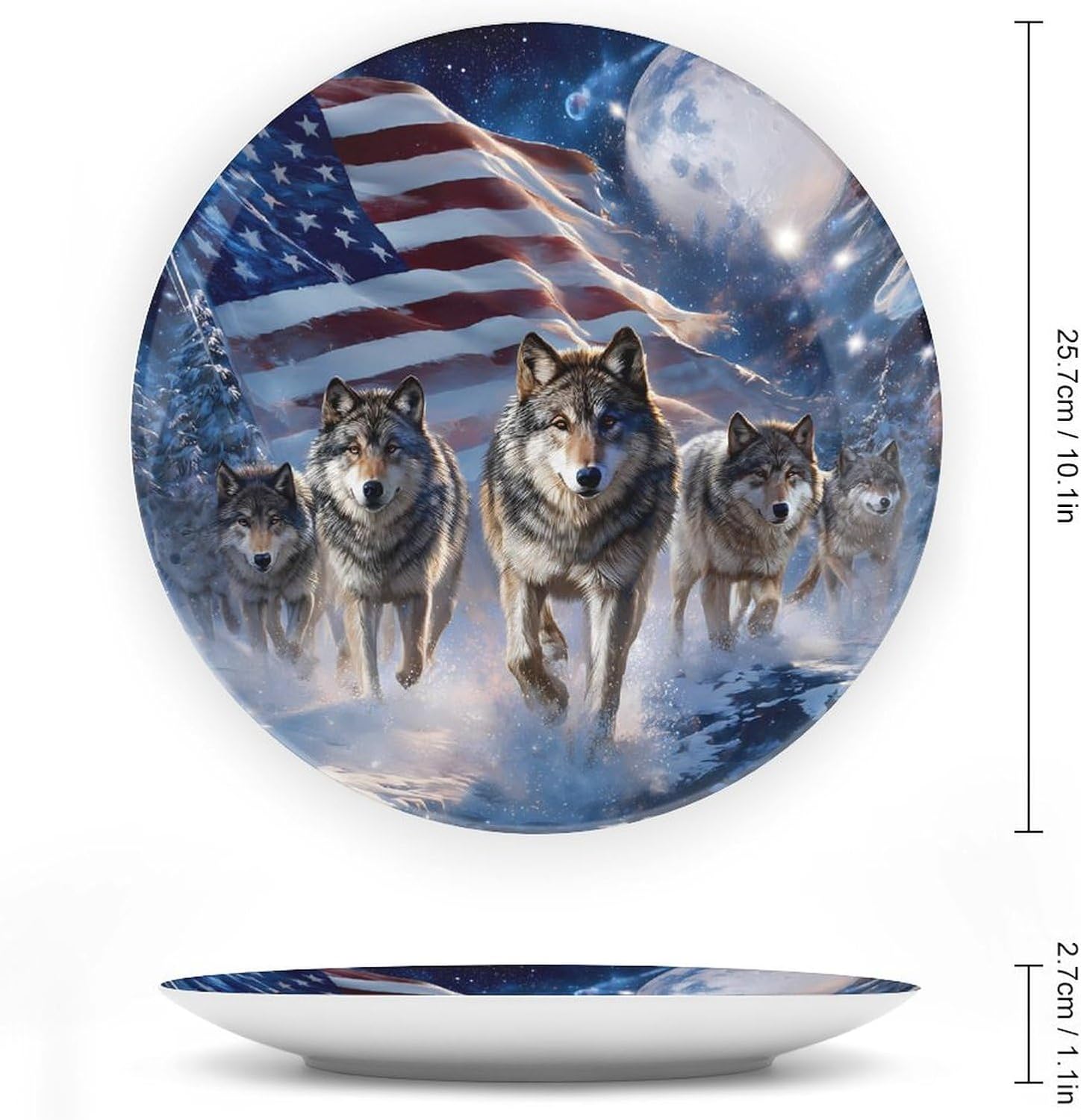Wolf U.S. Flag Moon Novelty Decorative Plate with Display Stand Ceramic Ornament Hanging Wall Decor