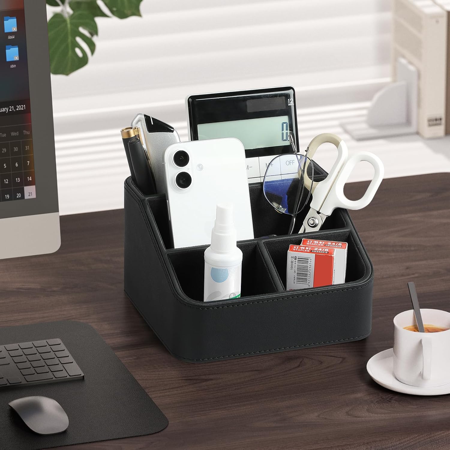 PU Leather Remote Control Holder, Nightstand Organizer with 4 Compartments