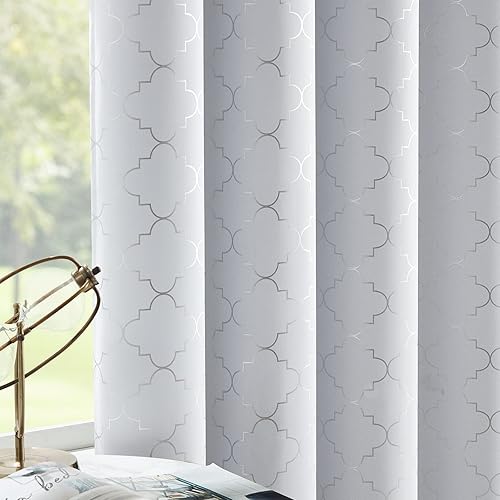 Enactex Cortinas opacas de color blanco grisáceo de 63 pulgadas, con aislamiento térmico con patrón geométrico plateado metálico, cortinas de
