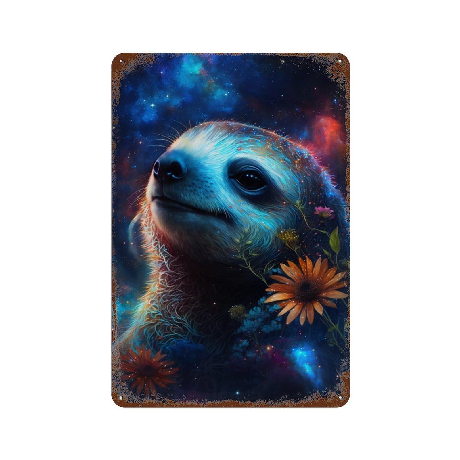 Galactic Sloth with Flowers -2 Vintage Metal Tin Sign 11.8"x7.9", Novelty Wall Decor for Garage, Pub Or Kitchen