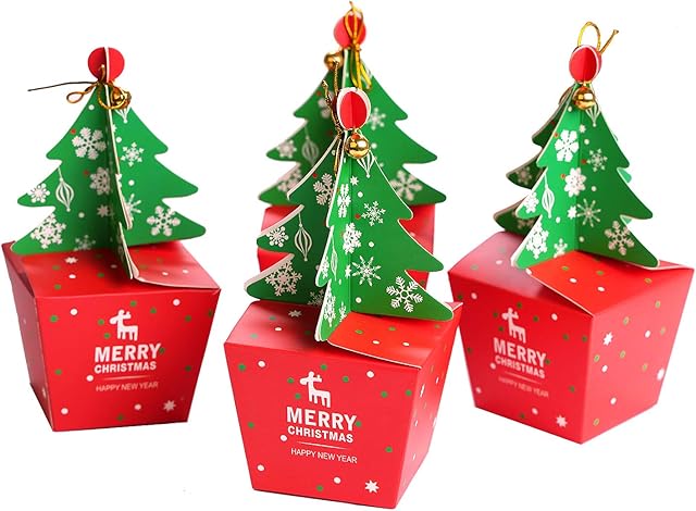 FINGOOO 10 Pieces Christmas Cupcake Boxes Gift Boxes Gift Bag Xmas Tree Party Favour Decoration for Kids Party Supplies