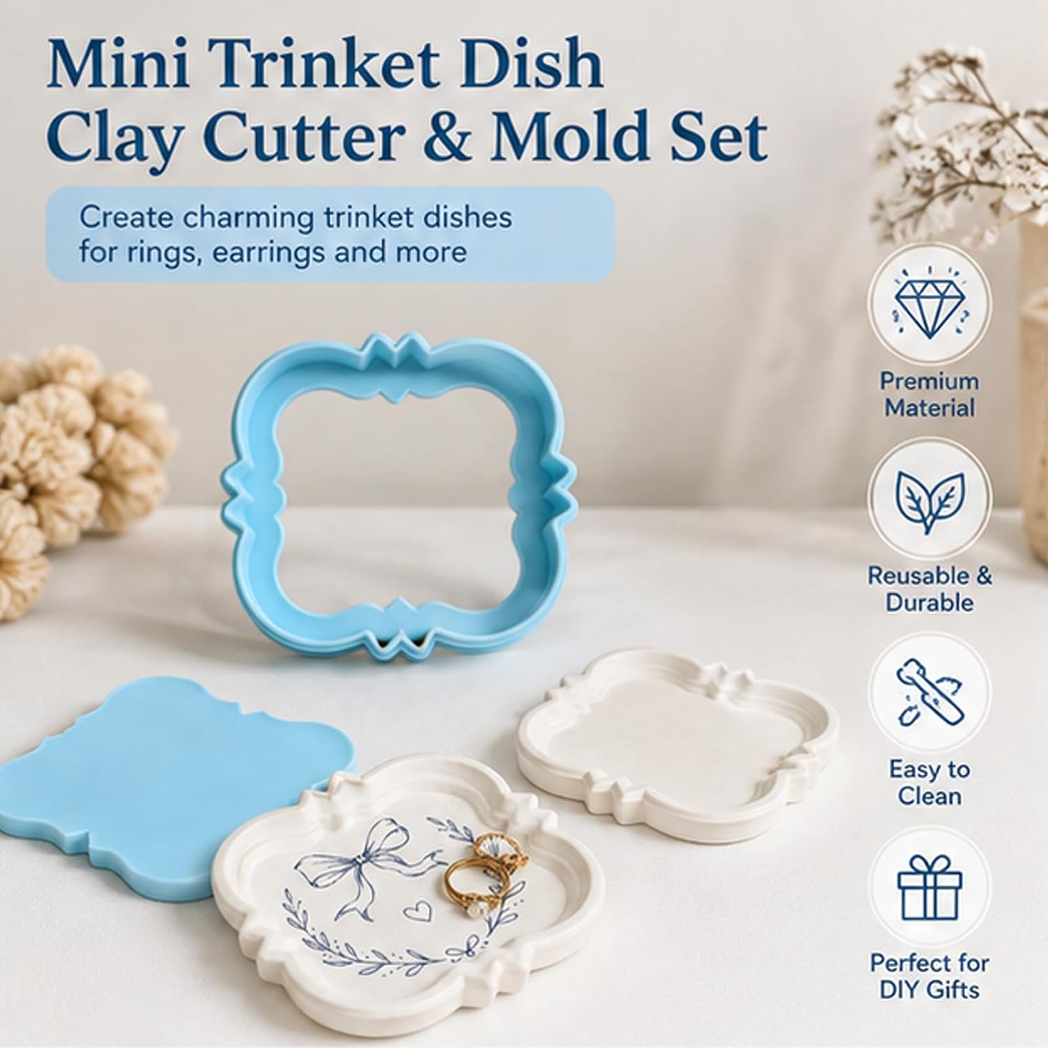 3 Inch Mini Trinket Dish Clay Cutter and Mold Set, Pottery Molds for Clay Clay Shaping Tool for Polymer, Air-Dry & Ceramic Clay, Create DIY Ring Dishes, Earring Trays and Personalized Handmade Gifts
