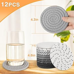 BUEDM 12 Pcs Boho Drink Coasters,Minimalist Cotton Handmade Woven Absorbent Drink Coasters,Heat Resistant Cotton Coasters for Coffee Table, Kitchen, Home Decoration
