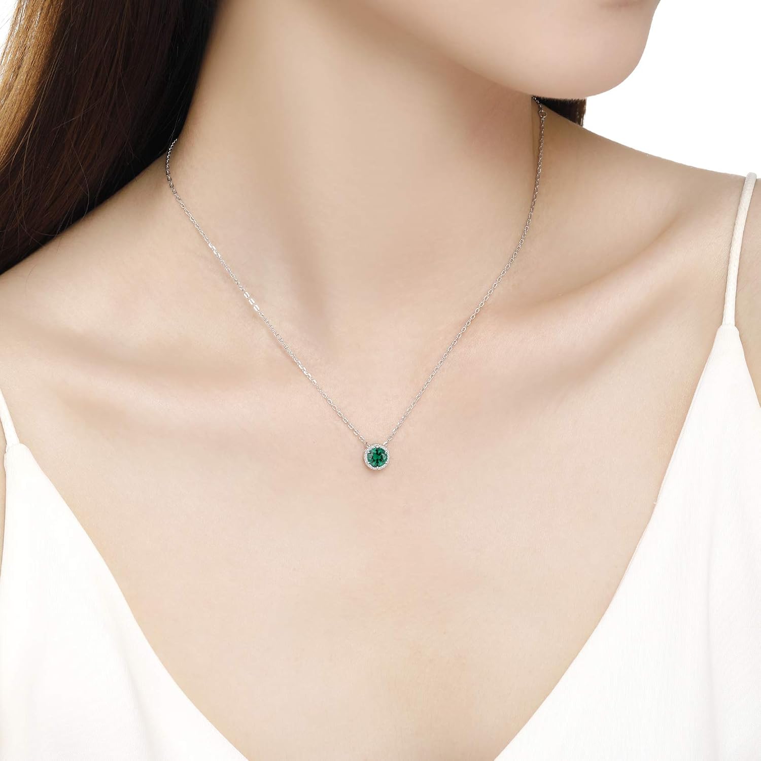 Presentski Sterling Silver Dainty Birthstone Pendant Necklace S925 White Gold Tiny Solitaire CZ Pendant Birthday Gift for Women