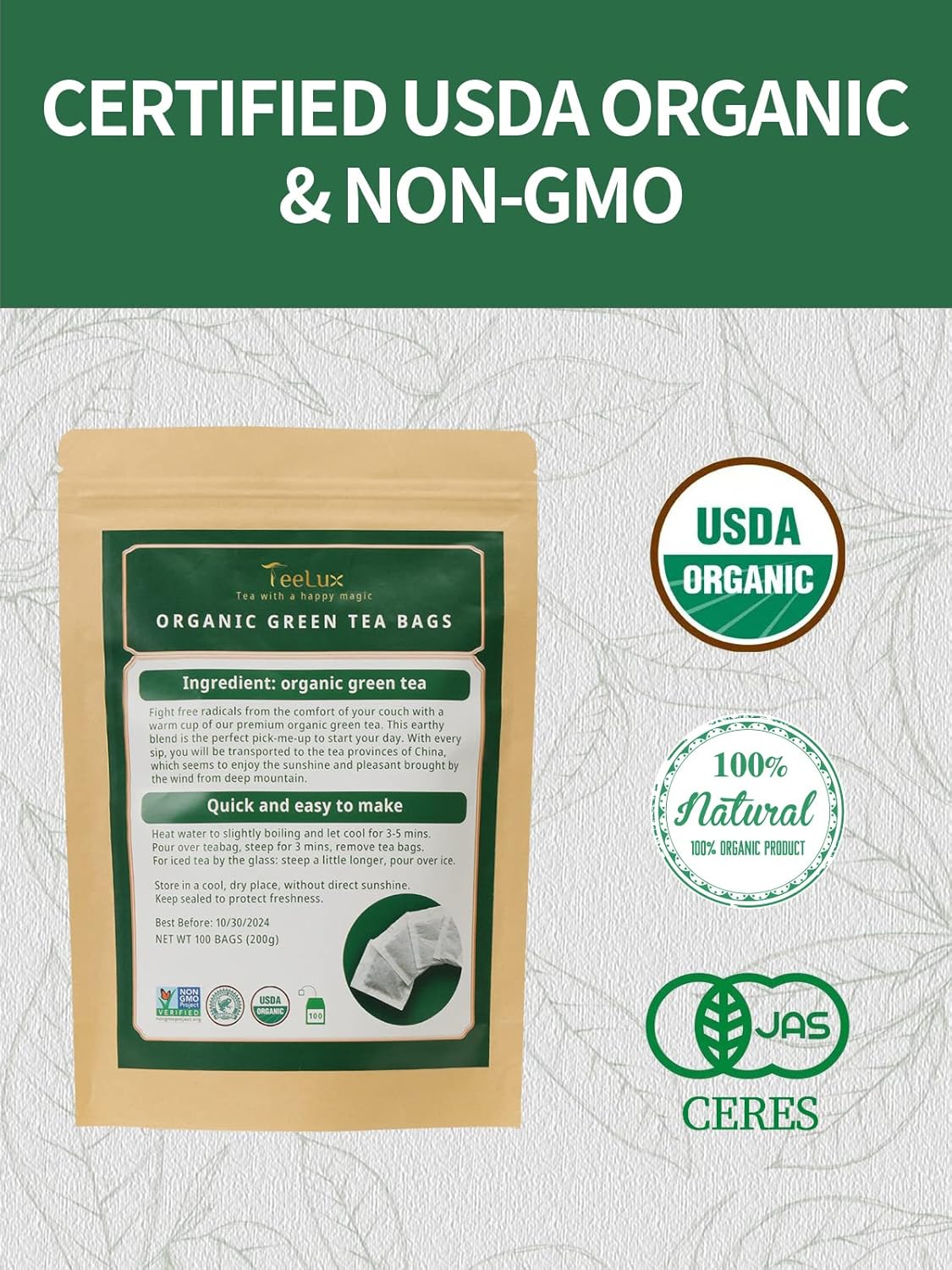 TeeLux Organic Green Tea Bags, Super Antioxidant Green Tea, 100 Count Tea Bags to Support Overall Health : Grocery & Gourmet Food