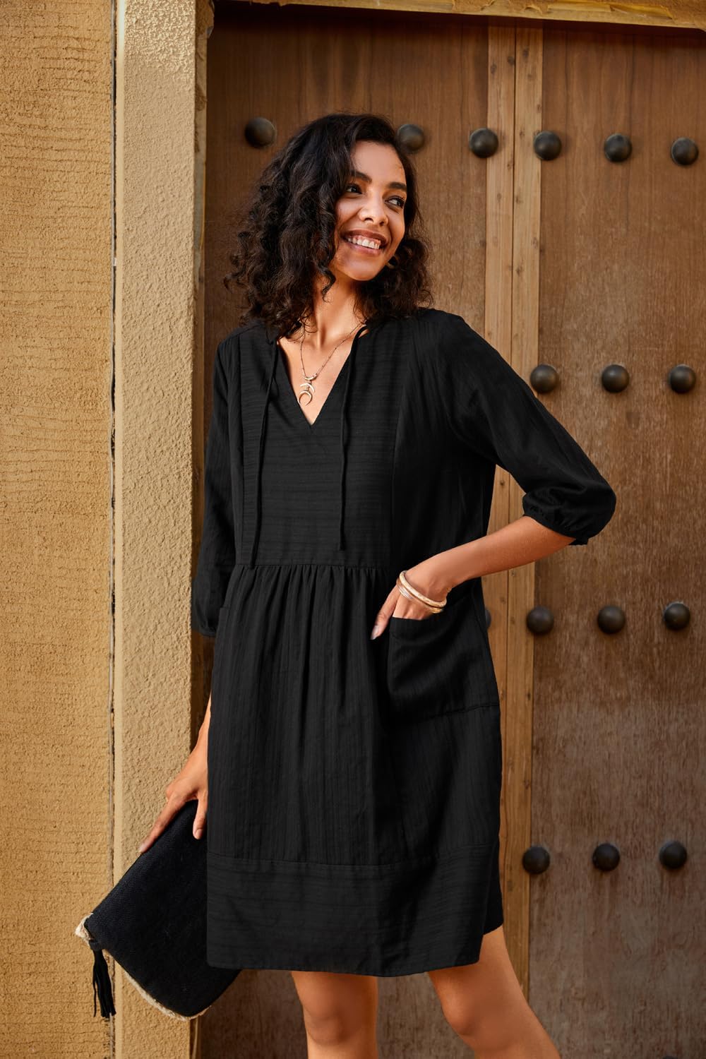 Lafural Womens V Neck Cotton Casual Loose Shift Tunic Smock Summer Dresses Vacation Dress 3/4 Sleeve Pocket - Image 5