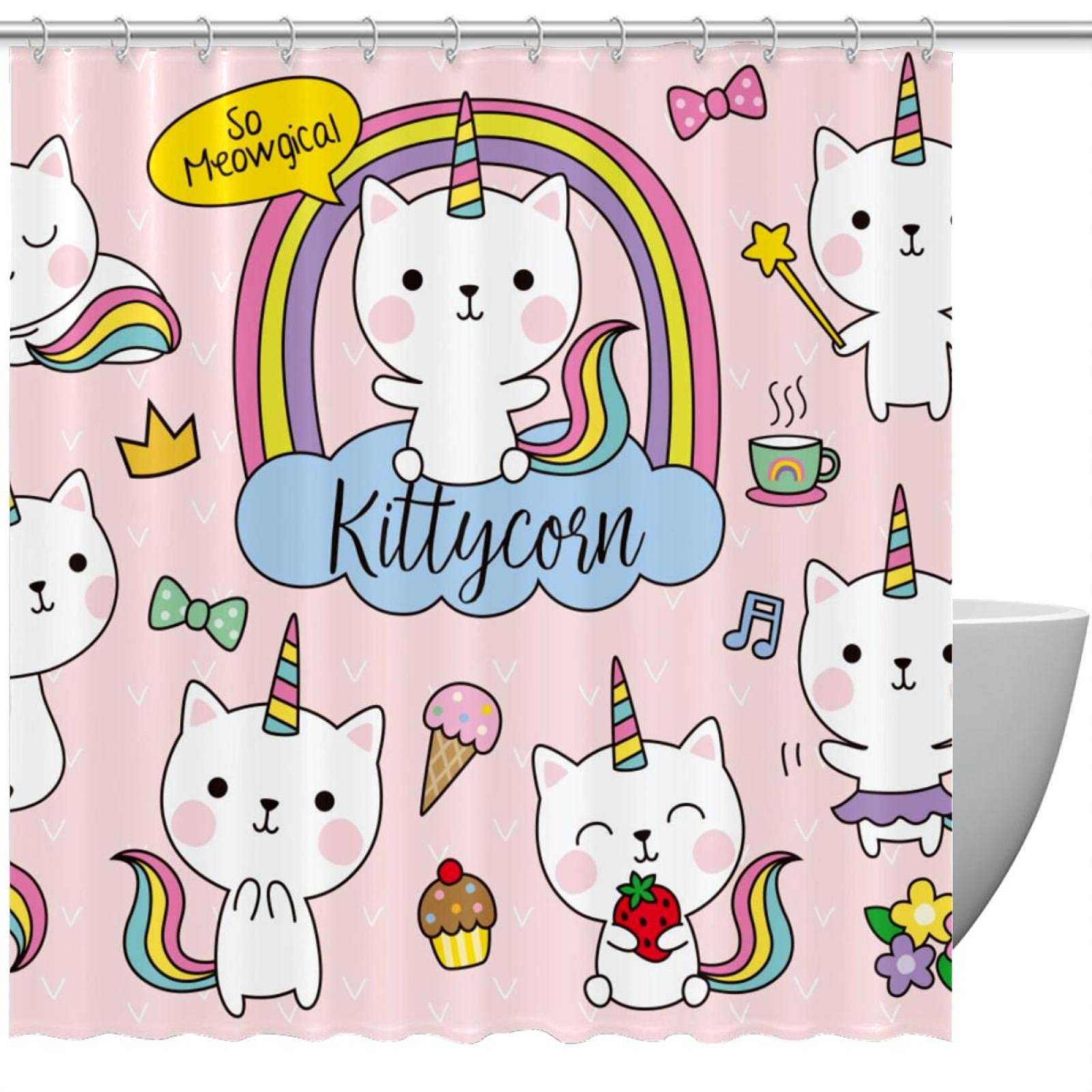 Rideau de douche imperméable chats et licornes 183x183 cm pour salle de bain