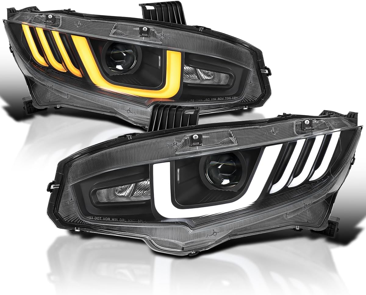 SPEC-D TUNING Black LED Tube Projector Headlights w/Switchback Sequential Signal Compatible with 2016-2021 Honda Civic Models with Factory Halogen Headlights Left + Right