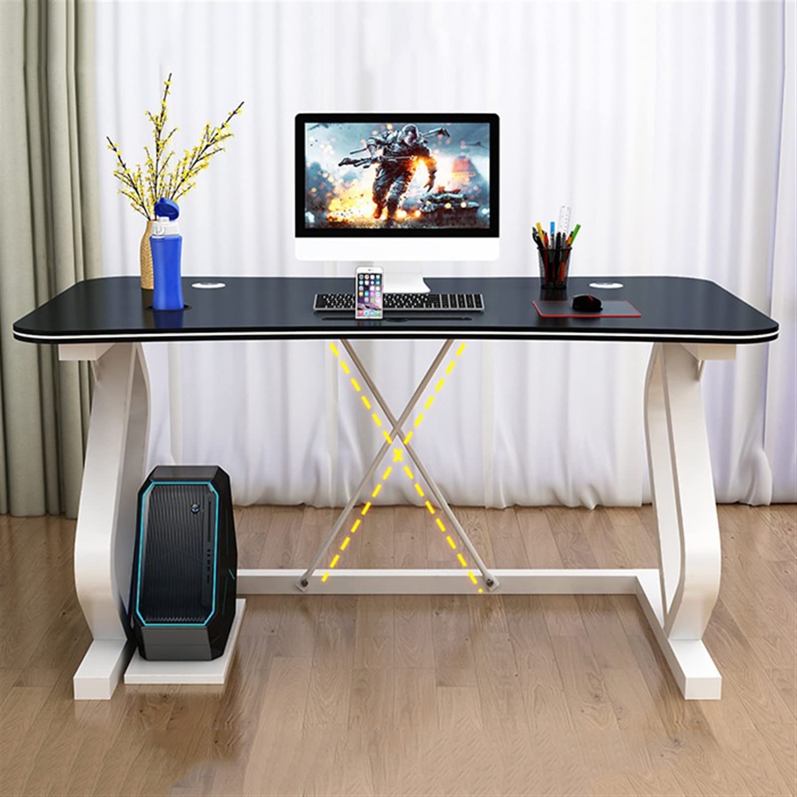 Ergonomischer Gaming-Schreibtisch – Multifunktionaler Computertisch mit Handyschlitz und Bogen-Design für Arbeitsplätze, 120 cm elektronischer Wettkampfschreibtisch