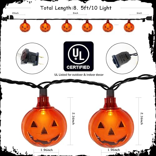 Miniatura 2 de Luces LED de calabaza de Halloween para exteriores, 8.5 pies, luces decorativas de Halloween con 10 luces LED transparentes de calabaza naranja