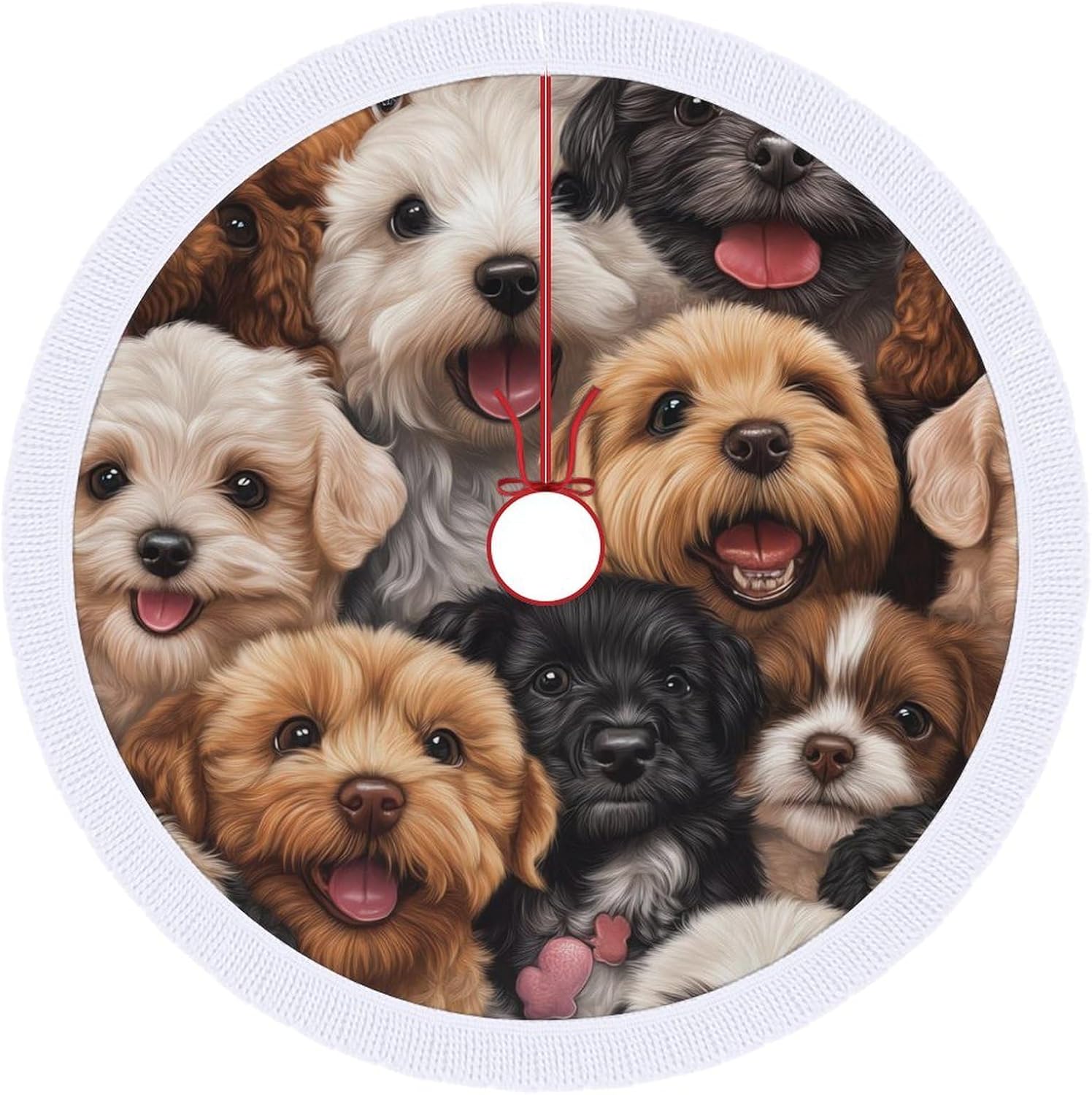 Cute Dog Puppy Print Christmas Tree Skirt Round Xmas Tree Mat Ornaments Tree Skirts with Tassels for Holiday Party