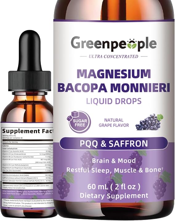 GREENPEOPLE Magnesium Glycinate Liquid Drops - 4-in-1 High Absorption Liquid Magnesium for Sleep with Saffron, GABA & Bacopa | Fast-Acting, Bone, Muscle & Sleep | Sugar-Free Grape Flavor, 2fl Oz Vegan