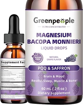 GREENPEOPLE Magnesium Glycinate Liquid Drops - 4-in-1 High Absorption Liquid Magnesium for Sleep with Saffron, GABA & Bacopa | Fast-Acting, Bone, Muscle & Sleep | Sugar-Free Grape Flavor, 2fl Oz Vegan