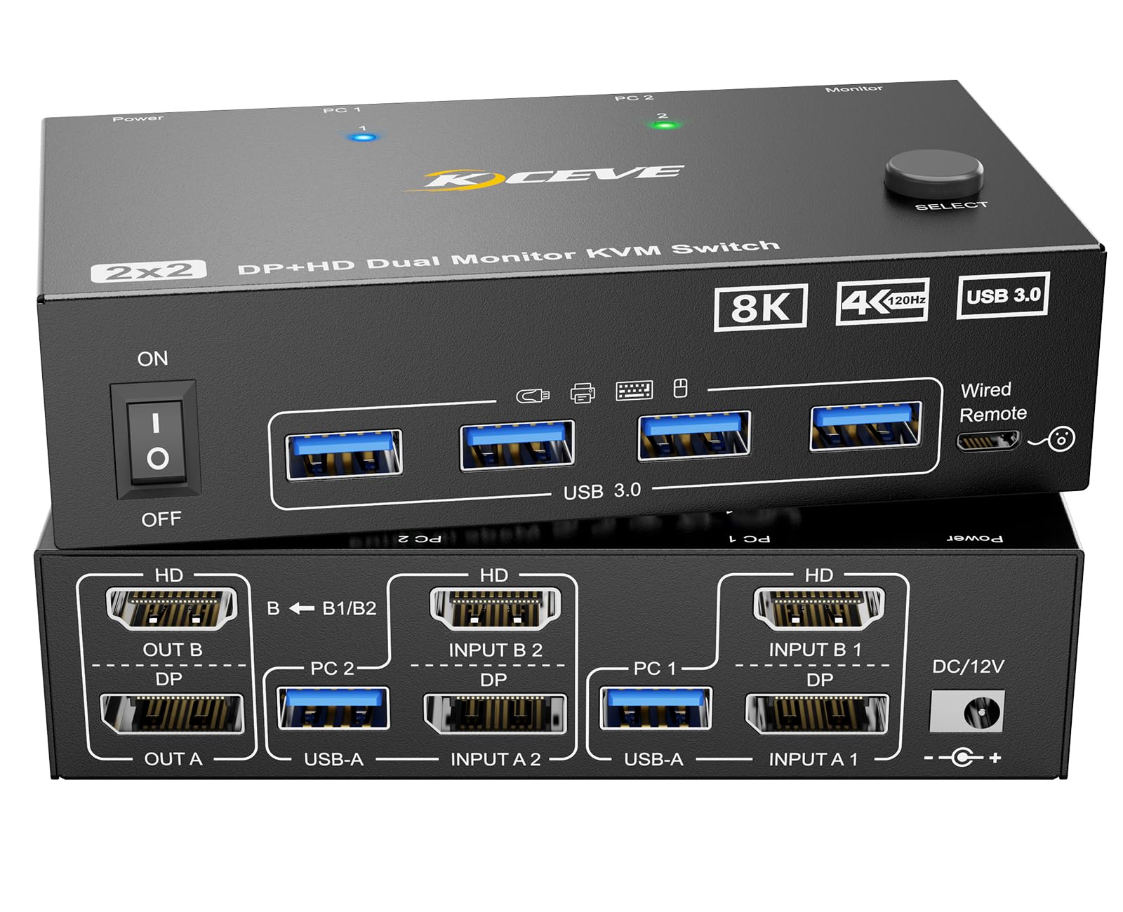 HDMI + Displayport KVM Switch 2 Monitors 2 Computers 8K@60Hz 4K@144Hz, Camgeet Dual Monitor KVM Switch with 4 USB 3.0 Port for Keyboard Mouse Printer,Wired Remote,Power Adapter and USB Cables Included