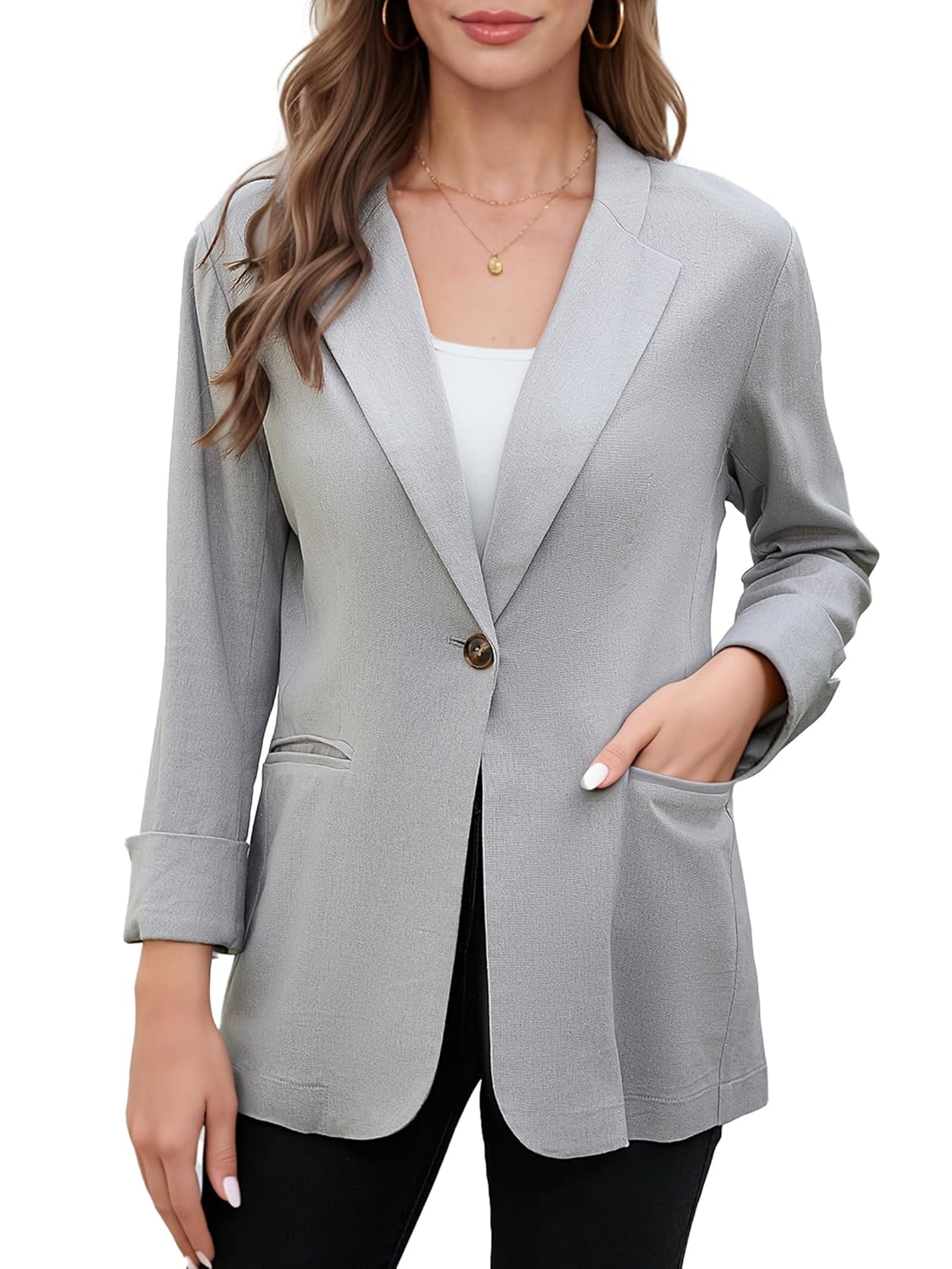 Womens One Button Cotton Linen Blazer Lightweight 3 4 Roll Up Sleeve Jacket for Casual Dailywear Office