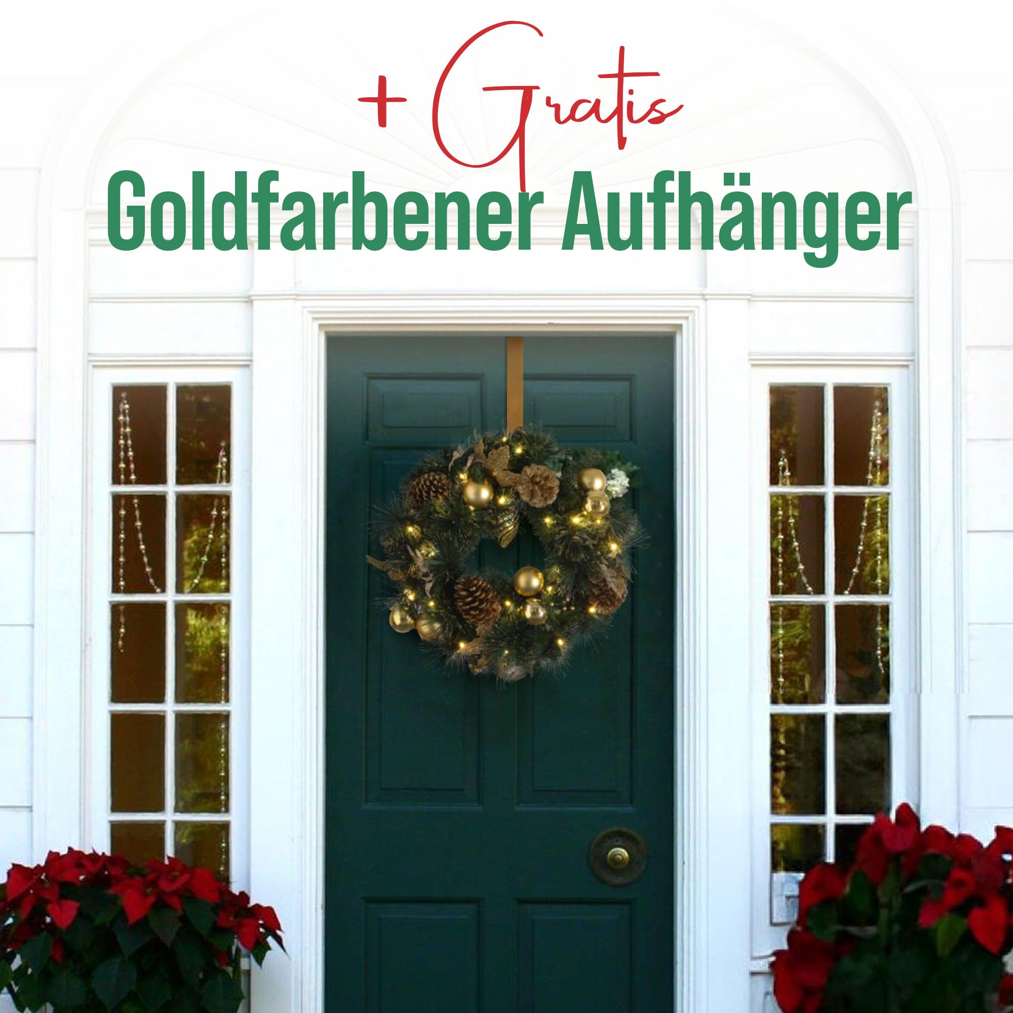 MeisterHome ® Künstlicher Weihnachtskranz Adventskranz für Tür Ø 50 cm - Weihnachtlicher Türkranz für Innen und Außen mit 35 LEDs, Timer und Gold Dekoration + Goldfarbener Aufhänger