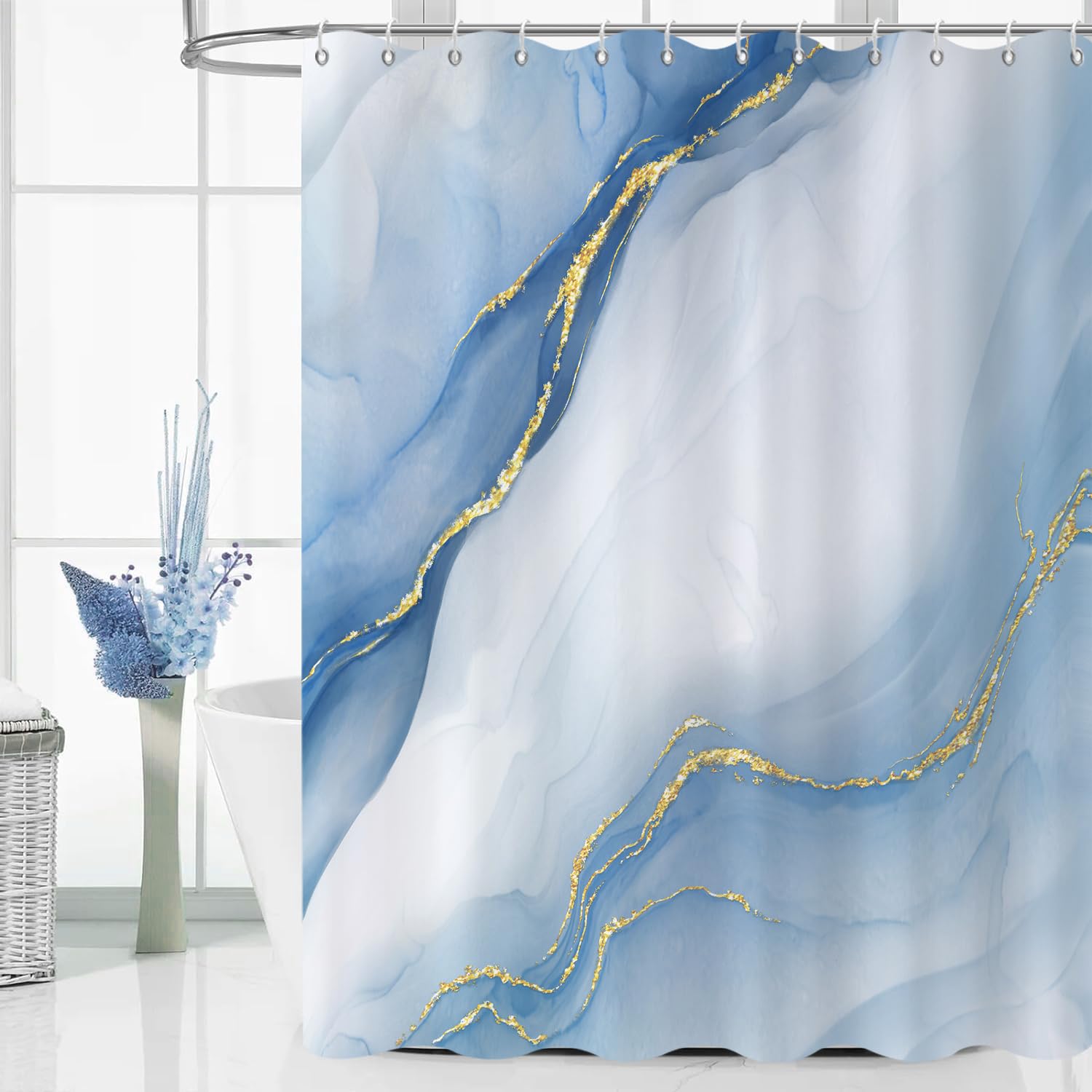 GCIREC Shower Curtain, 120x180cm, Blue Gradient with Gold Marble Modern Art Waterproof Fabric Machine Washable Bathroom Curtain with Hooks