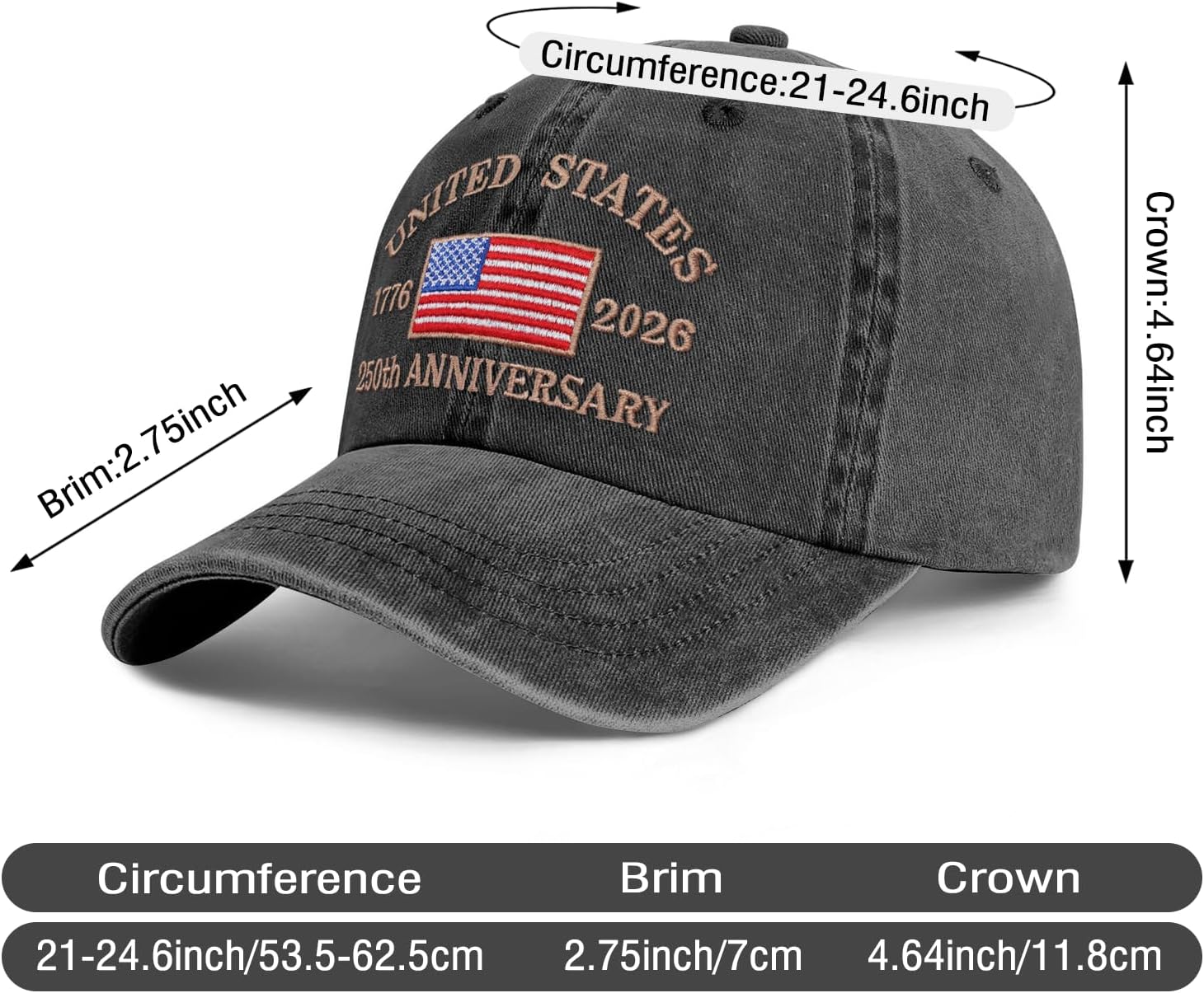 250 Anniversary USA Hat Baseball Cap for Men Women Embroidered