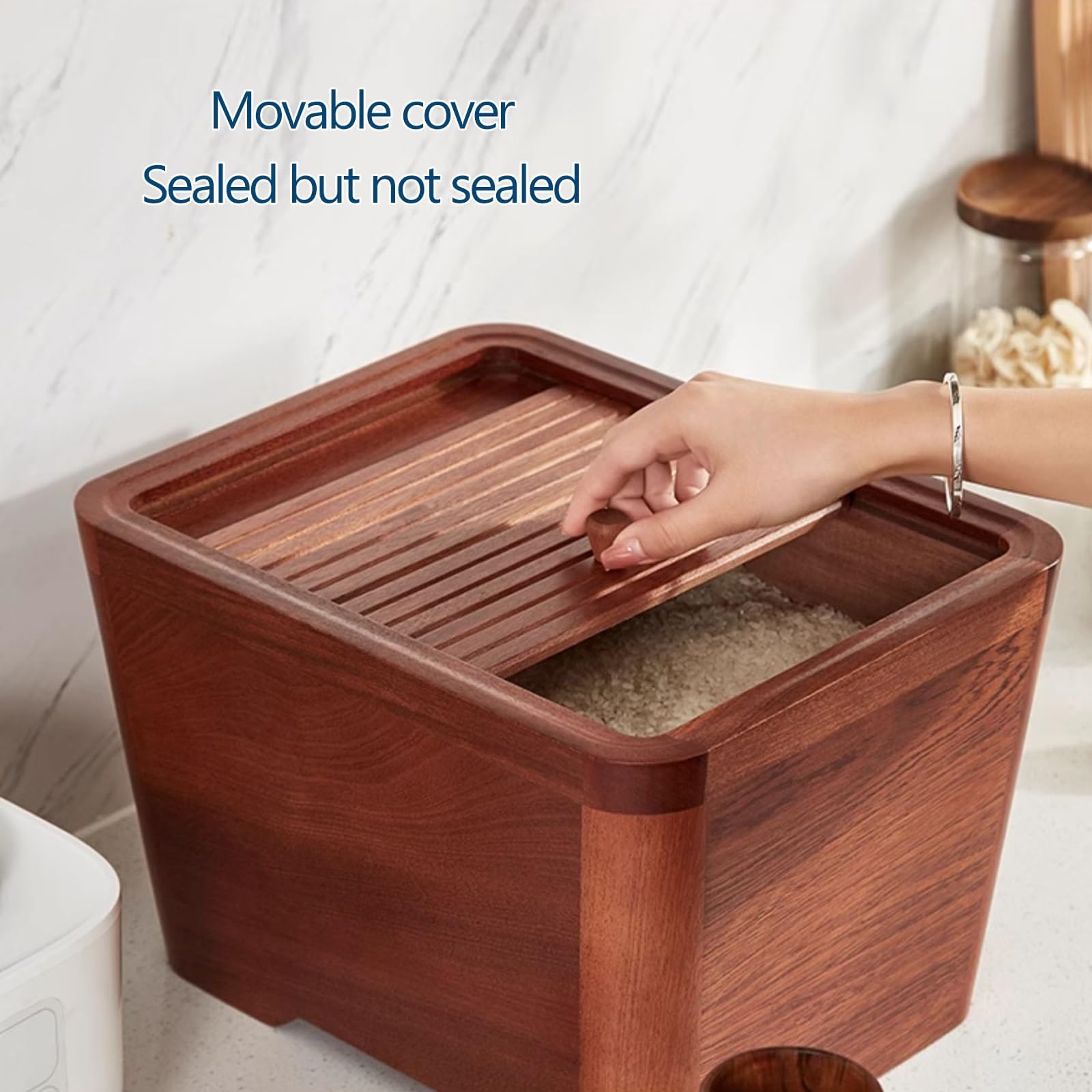 Contenitore per cereali in legno con dispenser per organizzazione dispensa da cucina, dispenser ermetico per cereali per pasta, riso, snack