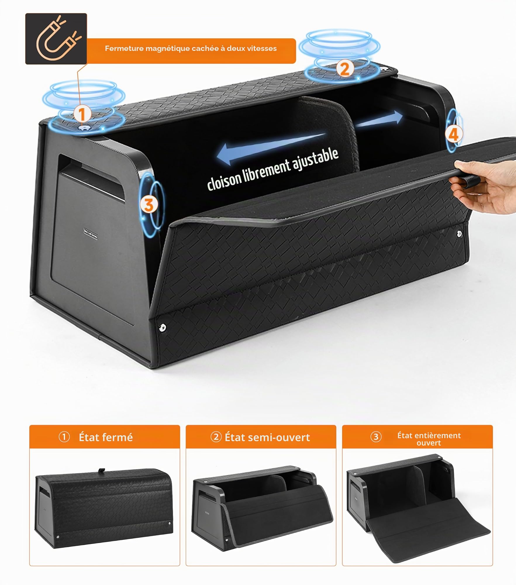 Organisateur de coffre, Boîte de rangement pour voiture, Storagebox en cuir avec couvercle, pliable et réglable, 38 cm (L) x 33 cm (l) x 31,5 cm (H),32,8 litres de capacité (Taille B)