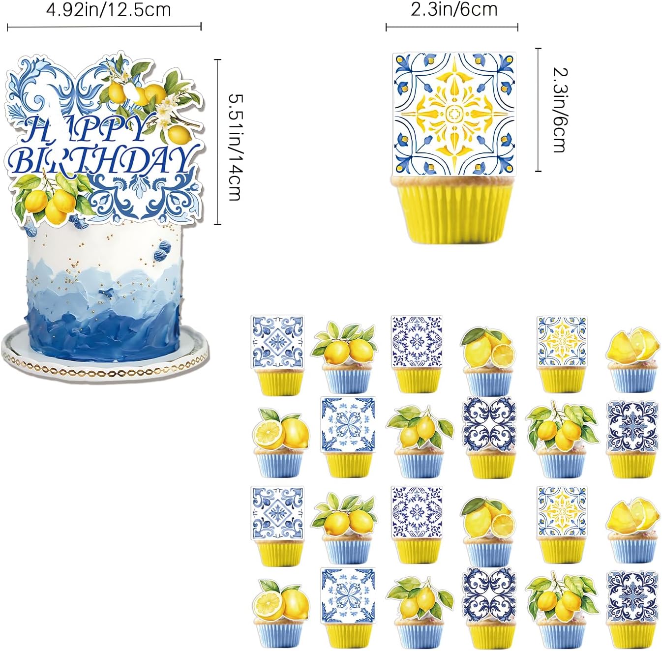 43Pcs Capri Lemon Party Decorations Happy Birthday Banner-Cake Topper-Cupcake Toppers-Balloons-Backdrop for Blue Tiles Yellow Lemon Party supplies - Image 6