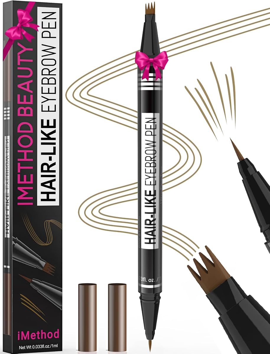 iMethod Microblading Eyebrow Pen - Lápiz de cejas mágico 2 en 1 Lápices de cejas de doble punta para mujeres con punta de 4 tenedores y punta de cepillo precisa crea cejas naturales similares al cabello, duran todo el día, marrón claro