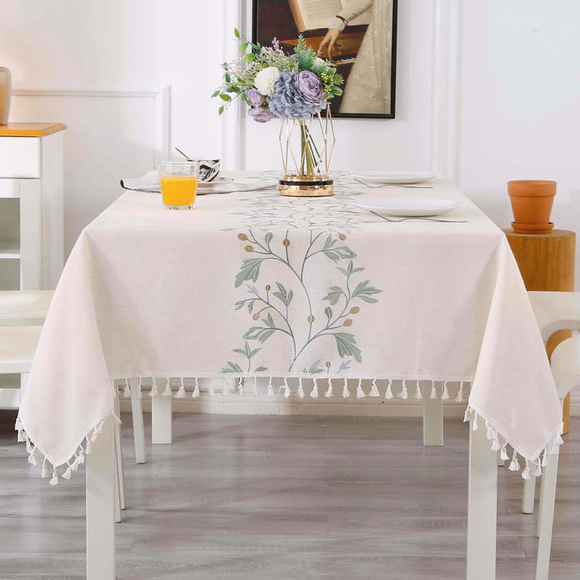 Tablecloth Rectangular Cotton Linen Table Cloth 140x180 cm, Beige Tablecloth with Green Leaf Embroidery Tassels Washable Rectangle Table Cover for Dining Table Kitchen Room Party Decor