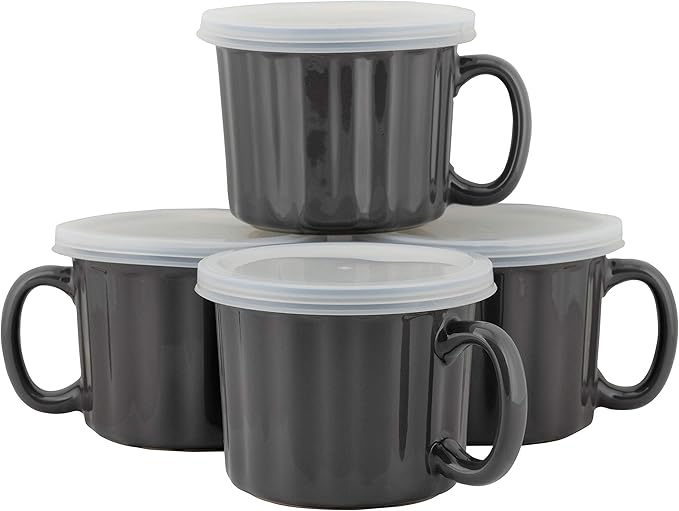 10 Strawberry Street 20 Oz Soup Mug with Lid, 4 Count (Pack of 1), Charcoal