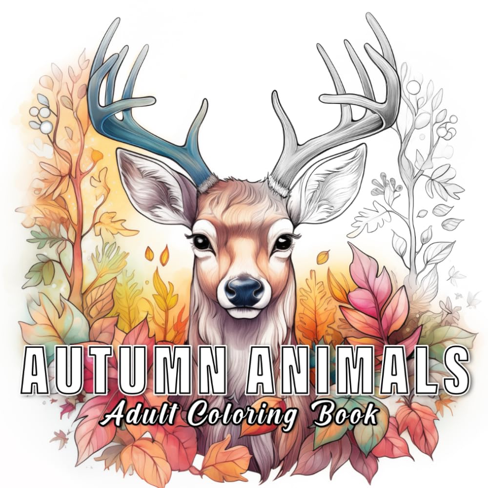 Autumn animals: coloring book for adults with 60 sketches of deer.