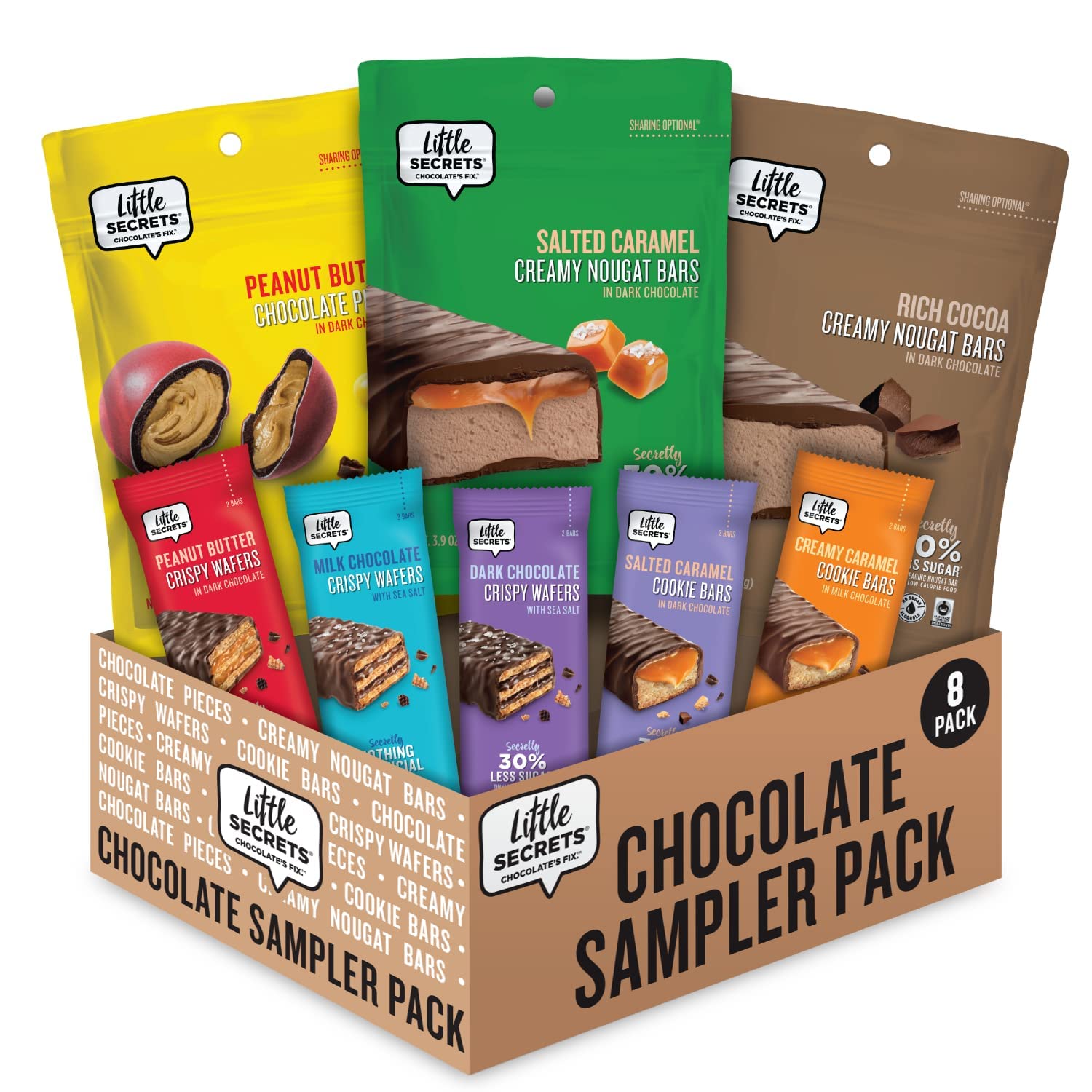 Little Secrets | Mini Assorted Chocolates | 30% Less Sugar | Guilt-Free | Nothing Artificial (Variety - Chocolate Sampler (8 Pack))