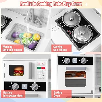 Costzon Kids Kitchen Playset, Wooden Toddler Play Set w/Real Lights & Sounds, Sink, Faucet, Water Dispenser, Microwave, Oven, Washing Machine, Little Chef Pretend Play Kitchen for Kids Ages 3+(White)