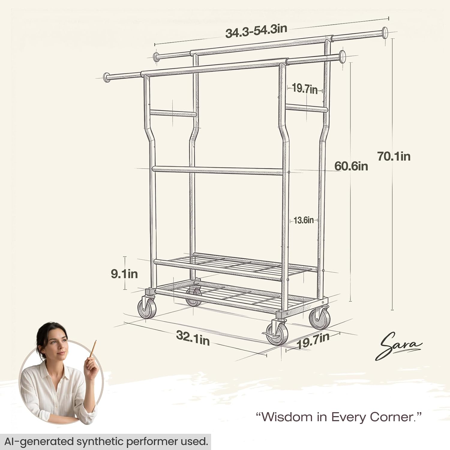 Heavy Duty Clothes Rack Load 960LBS, Adjustable Three Rods Rolling Garment Rack with Double-Layer Bottom Shelf, Portable Commercial Clothing Rack for Hanging Clothes with Wheels, Black