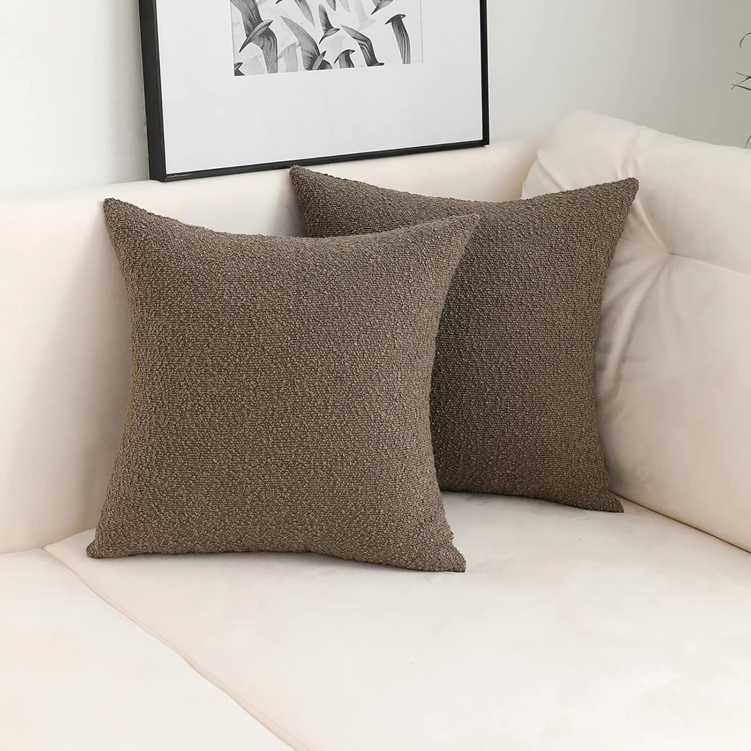 Jeneoo Light Brown Decorative Square Thick Accent Throw Pillow Covers Fine Textured Boucle Couch Cushion Case for Living Room Sofa Home Decor, Set of 2, 20 x 20 Inch