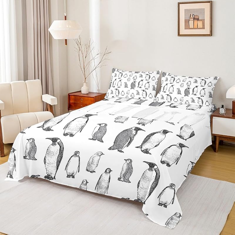 Penguin Fitted Sheet Queen Size, Antarctic Animal Sheet Set, Winter Theme Funny Penguin Bedding Set For Kids Room Boys Girls Teens, Kawaii Home Room Decor, 1 Flat & 2 Pillow Shams