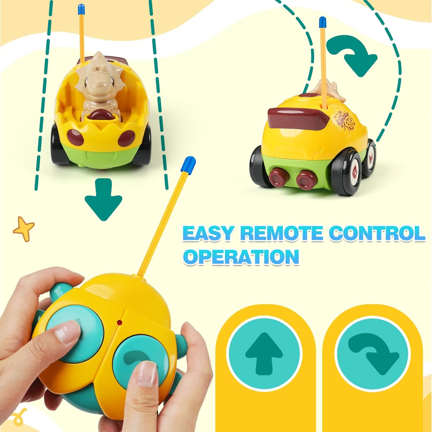 Remote Control Dinosaur Car Toy for Toddlers - Birthday Gift for Boys Ages 18+ Months, 2 3 4 5 Year Old - RC Dino Vehicle with Lights and Music, Easy Control Toy for Kids