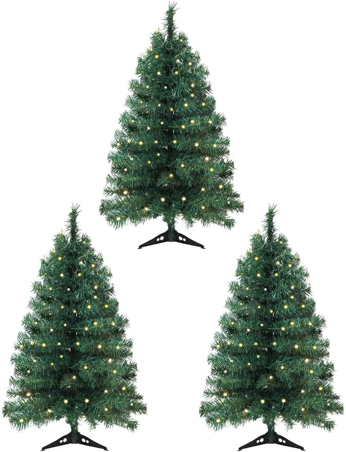 3ft Artificial Pre-lit Christmas Pine Tree with LED Warm Lights,Metal Hinges & Foldable Base,Easy Assembly for Home,Office,Green(3 Pack)