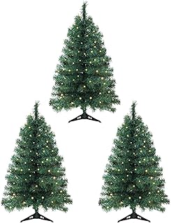 3ft Artificial Pre-lit Christmas Pine Tree with LED Warm Lights,Metal Hinges & Foldable Base,Easy Assembly for Home,Office,Green(3 Pack)