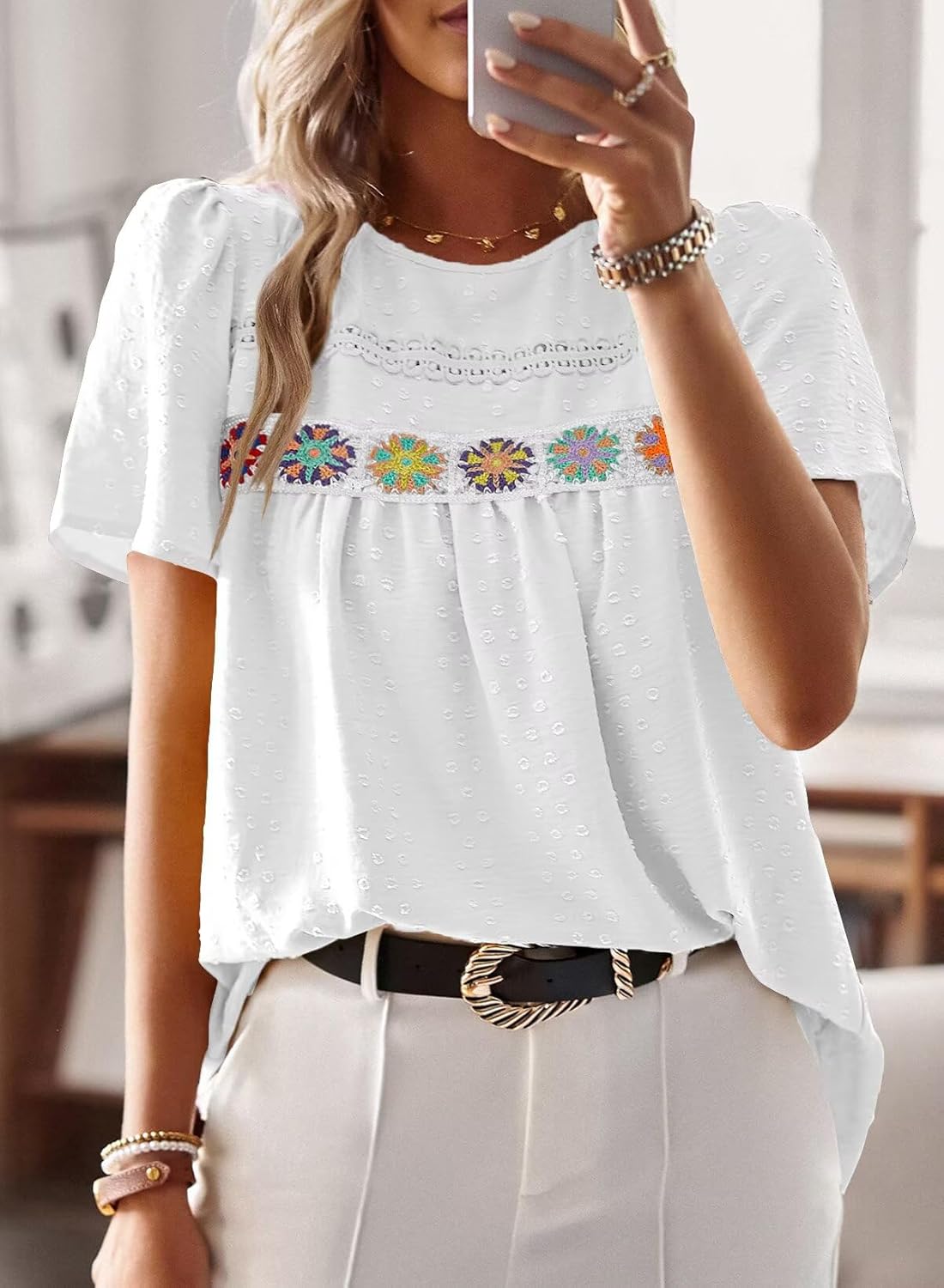 Falechay Womens Summer Tops Boho Crewneck Short Sleeve Shirts Floral Crochet Chiffon Blouses Flowy Casual Swiss Dot Clothing